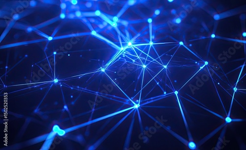 Abstract network of glowing points and lines, creating a complex, interconnected web.  Intricate, futuristic, and detailed design with a deep blue background
