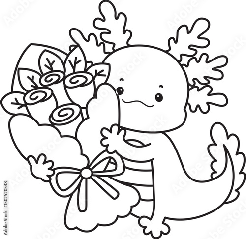 Outline of Illustration of cute axolotl activities icon.
Lineart of Funny pink axolotl in daily routine stickers.
