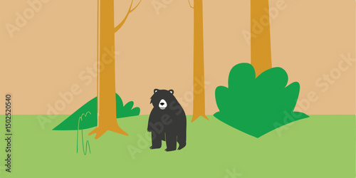Illustration of a bear standing in a forest clearing with trees and bushes