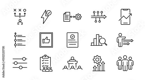 Action plan linear icon set. Strategy, startup, planning, workflow, analysis, tasks, goal, collaboration, business, steps, target, outline icon collection. UI thin outline vector icon