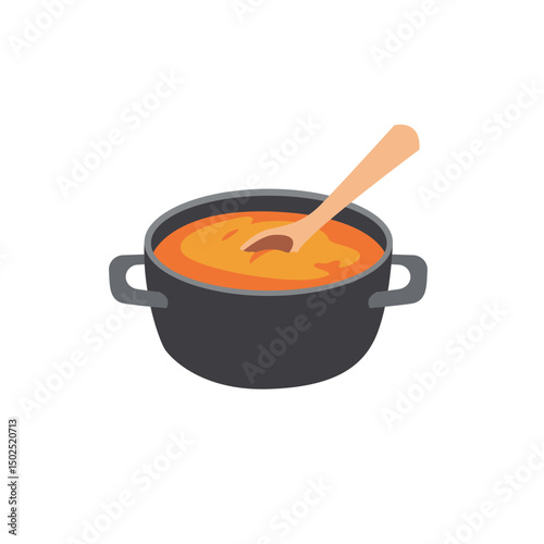 Cooking Pot with Hot Soup and Wooden Spoon Vector Illustration
