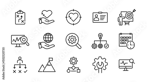 Action plan linear icon set. Strategy, startup, planning, workflow, analysis, tasks, goal, collaboration, business, steps, target, outline icon collection. UI thin outline vector icon