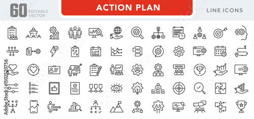 Action plan linear icon set. Strategy, startup, planning, workflow, analysis, tasks, goal, collaboration, business, steps, target, outline icon collection. UI thin outline vector icon