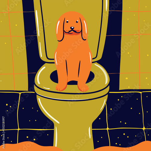 Vector funny funny illustration of a dog sitting on the toilet