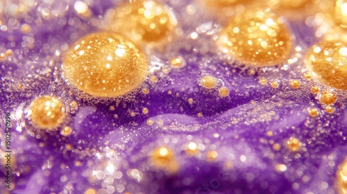 Close-up of shimmering purple substance with golden bubbles and foam