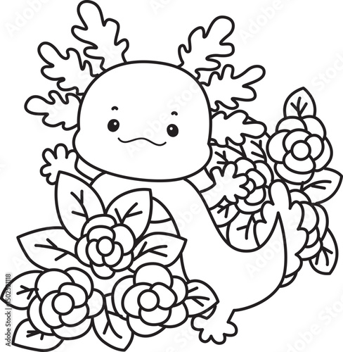 Outline of Illustration of cute axolotl activities icon.
Lineart of Funny pink axolotl in daily routine stickers.
