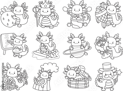 Outline of Illustration of cute axolotl activities icon.
Lineart of Funny pink axolotl in daily routine stickers.
