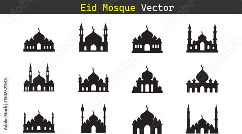 Mosque silhouette vector icon set illustration on white background. 
