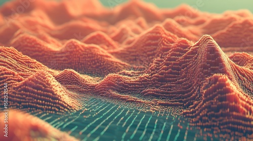 Abstract orange digital landscape with textured peaks and valleys, rendered in a grid-like pattern