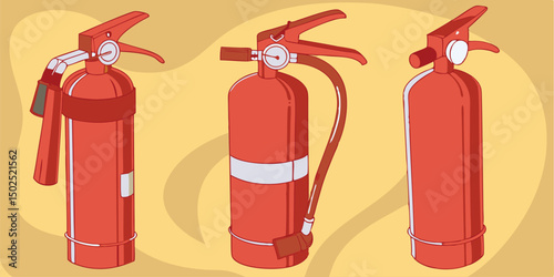 Isometric illustration of three red fire extinguishers for safety and emergency purposes