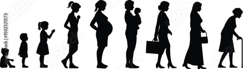 Silhouette depiction of woman's life stages from infancy to old age in side profile