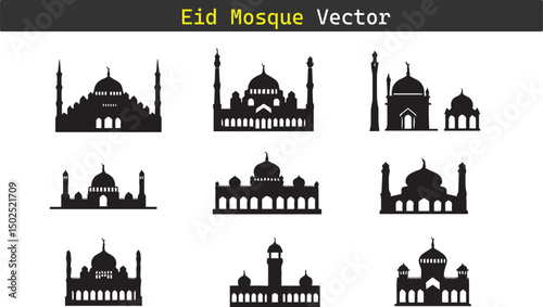 Mosque silhouette vector icon set illustration on white background. 