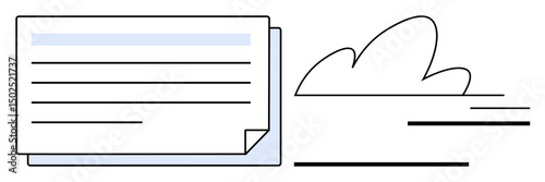 Stacked document with lines representing text beside a minimalist cloud icon showing data synchronization and connectivity. Ideal for cloud storage, file sharing, online collaboration, remote access