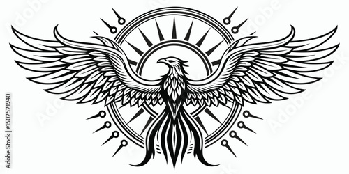 Majestic phoenix illustration in black and white featuring ornate wings and symbolic imagery