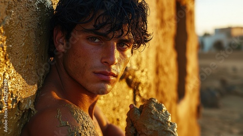 New Mexico adobe craftsman with dark wavy hair working on traditional mud wall construction in golden hour sunlight