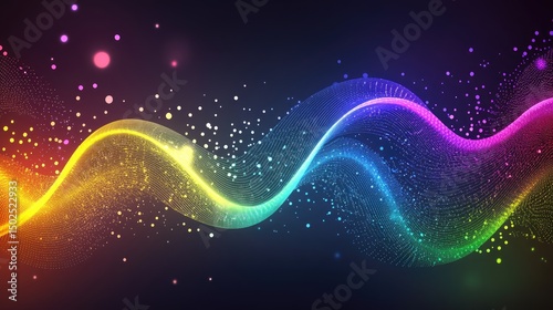 Vibrant rainbow wave of light particles on dark background