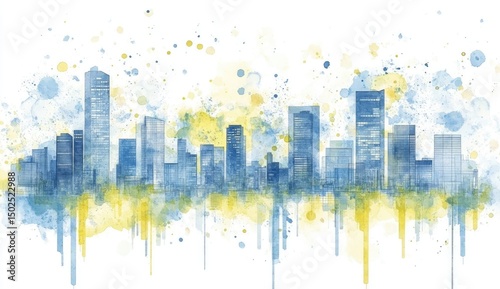 Abstract cityscape depiction.  Modern city skyline, rendered in shades of blue and yellow, with watercolor-style splashes