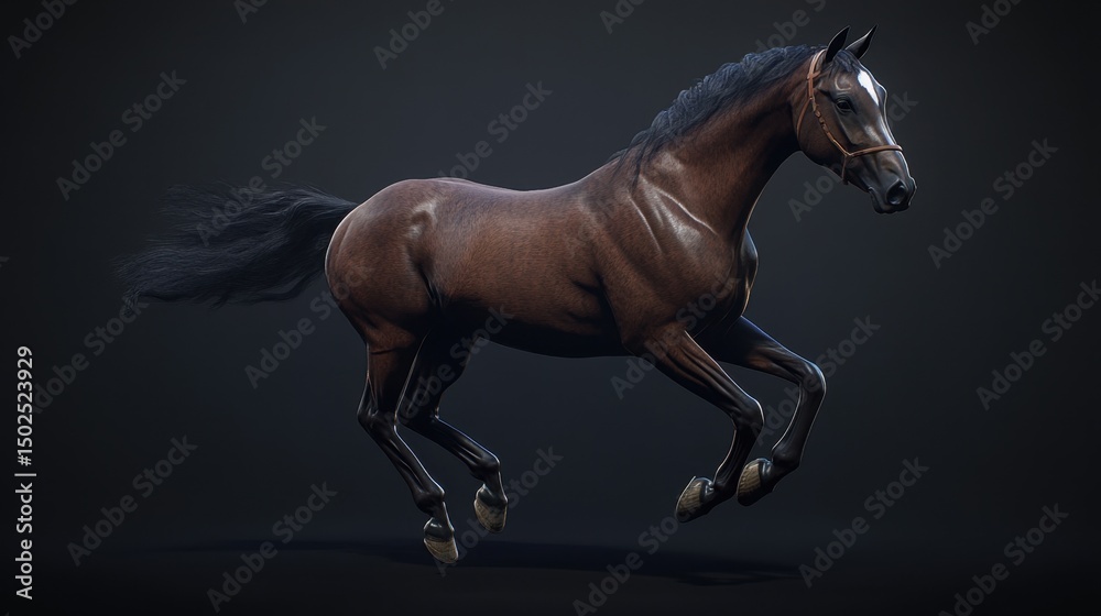 Fototapeta premium Dark horse running full speed, muscles rippling and mane trailing in side profile view