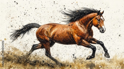 Full stride of a stallion running, muscles flexed and mane flying as seen from the side