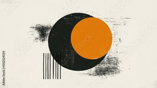 Abstract art featuring overlapping circles in black and orange, textured background