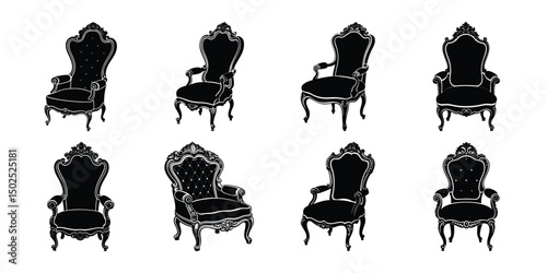 Elegant bergere chair silhouettes, furniture vector set on white background.
