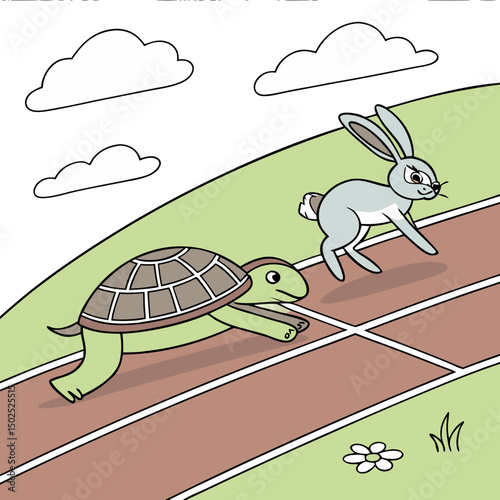 Tortoise races ahead of the hare on the track, aiming to win the classic slow-and-steady race.