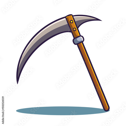 a scythe with a long curved silver blade and an orange wooden handle.
