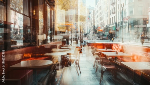 City cafe, blurred view through windows