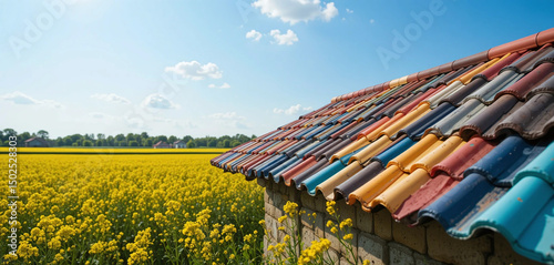 Colorful roof tiles arranged beside a field of mustard flowers.