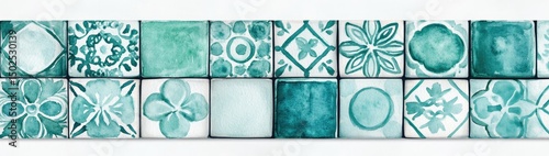 A row of turquoise and white square tiles with various floral and geometric patterns © HauraStd