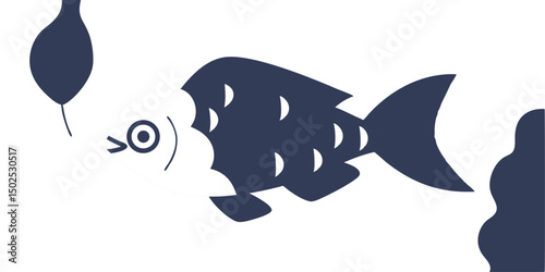 Stylized fish with bait and decorative elements on white background scalable vector graphic