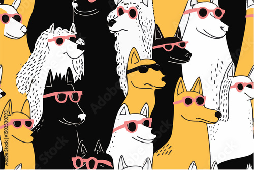 Hand drawn style illustration of cool dogs wearing summer sunglasses