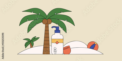 Summer beach scene with palm tree sunscreen and beach ball in vector style