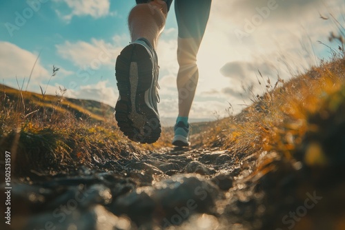 A runner's foot strides forward on a rocky trail, the sun shining in the distance