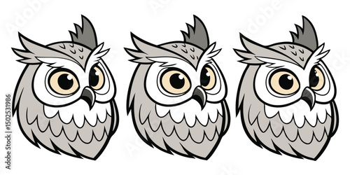 Three cartoon owl heads illustration in vector graphic style with transparency for design projects photo