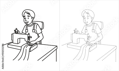 Printable coloring page of cute cartoon men tailor line art profession worksheet
