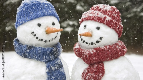 Two snowmen in a snowy landscape. photo
