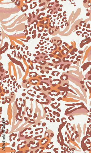 Seamless abstract animal skin pattern with a hand-painted aesthetic in warm earthy tones of brown, rust, and blush. This modern and artistic design blends leopard and tiger-inspired elements