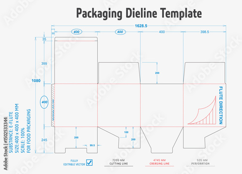 Title: Packaging Dieline Template. 2D Technical Drawing File Eps Scale. Fully editable vector. Prepared for production