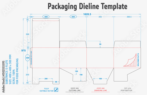 Title: Packaging Dieline Template. 2D Technical Drawing File Eps Scale. Fully editable vector. Prepared for production