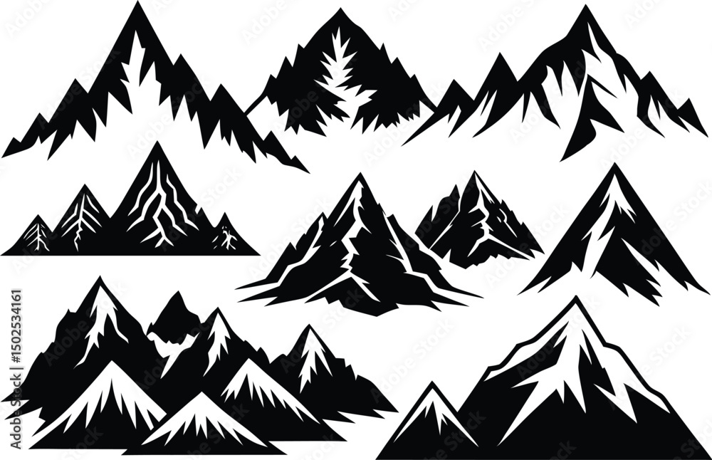 Obraz premium Mid-century Modern Outdoor Icons. Mountain silhouette icons set. Mountain and hills vector collection