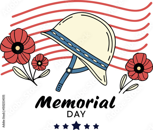 Memorial Day illustration with helmet, poppies, and stripes.