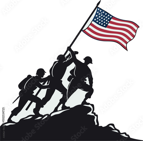 A powerful silhouette depicts soldiers collaboratively raising the American flag, symbolizing unity, sacrifice, and a historic moment.