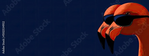 Two pink flamingos with sunglasses against a blue background