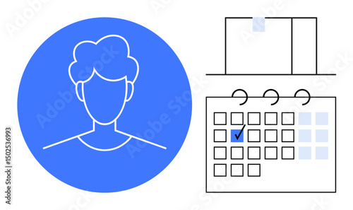 User profile portrait in circular frame alongside calendar grid showing daily schedule with one date checked. Ideal for scheduling, planning, organization, appointment setting, task management, time