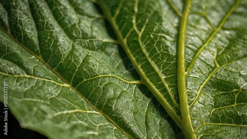 A close up view of a vibrant green leaf showing intricate vein patterns and natural texture details