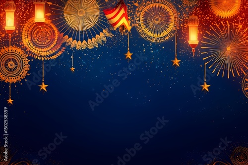 Festive Eid Mubarak celebration with glowing lanterns fireworks and stars rich warm tones against a deep blue night sky background