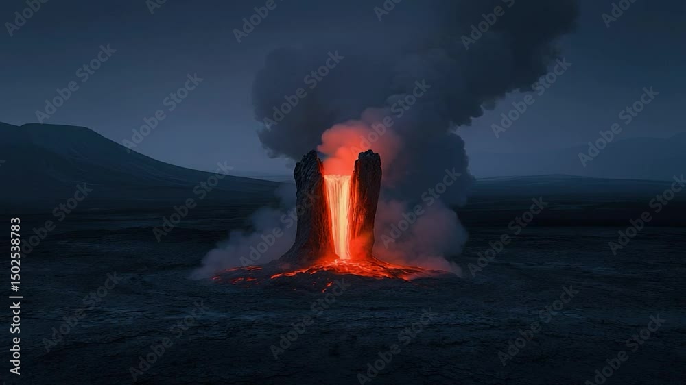Molten rock erupting from a volcanic vent at night