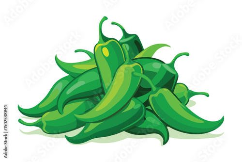 Pile of green chili peppers isolated on white background