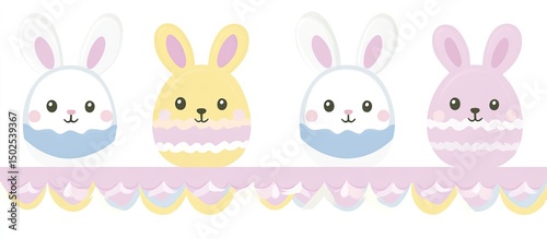 Four cartoon bunnies with egg-shaped bodies and pink ears, two white, one yellow, one pink, on a pink scalloped border